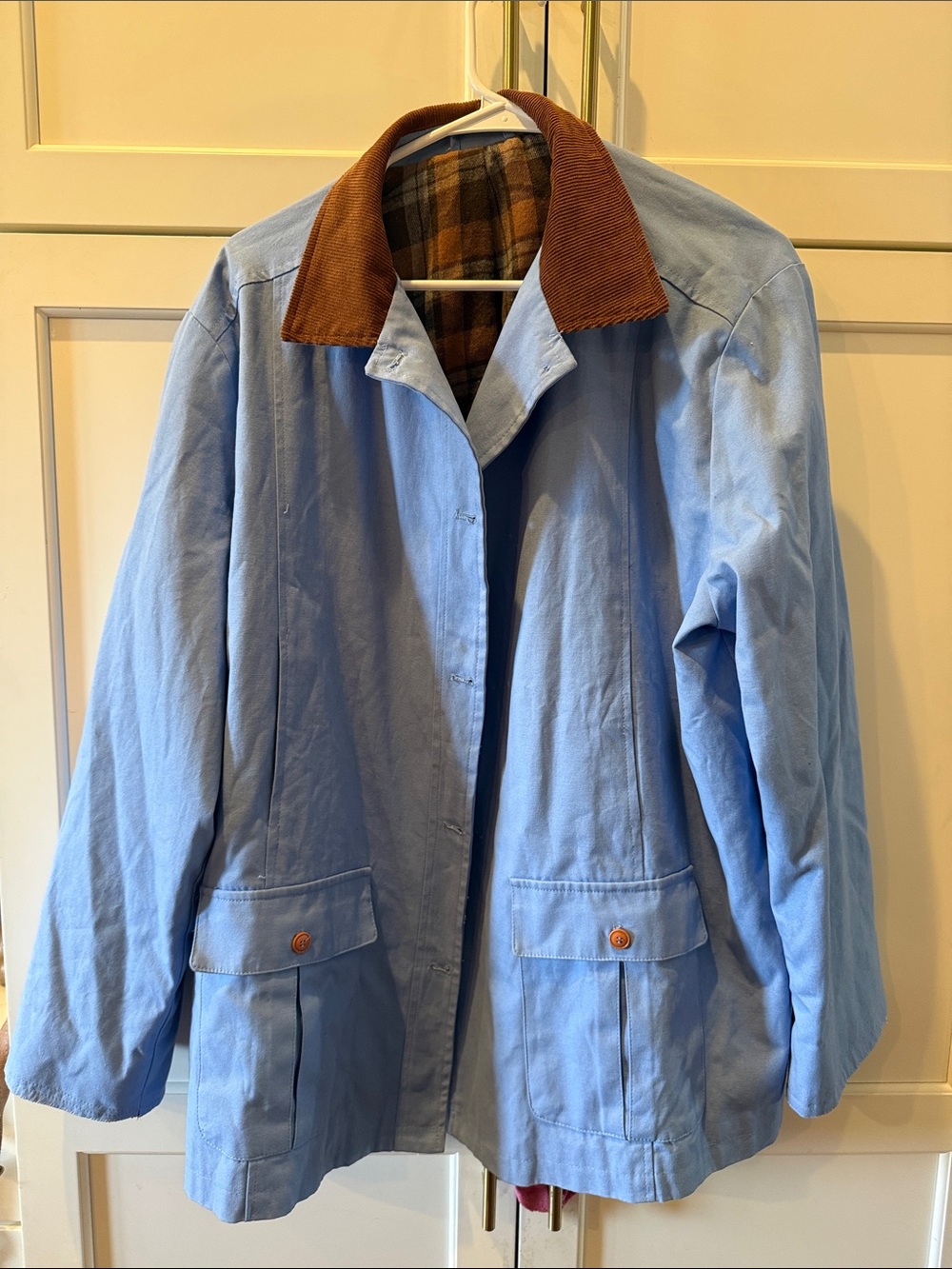 Light Blue Women's Barn Jacket with Brown Corduroy Collar